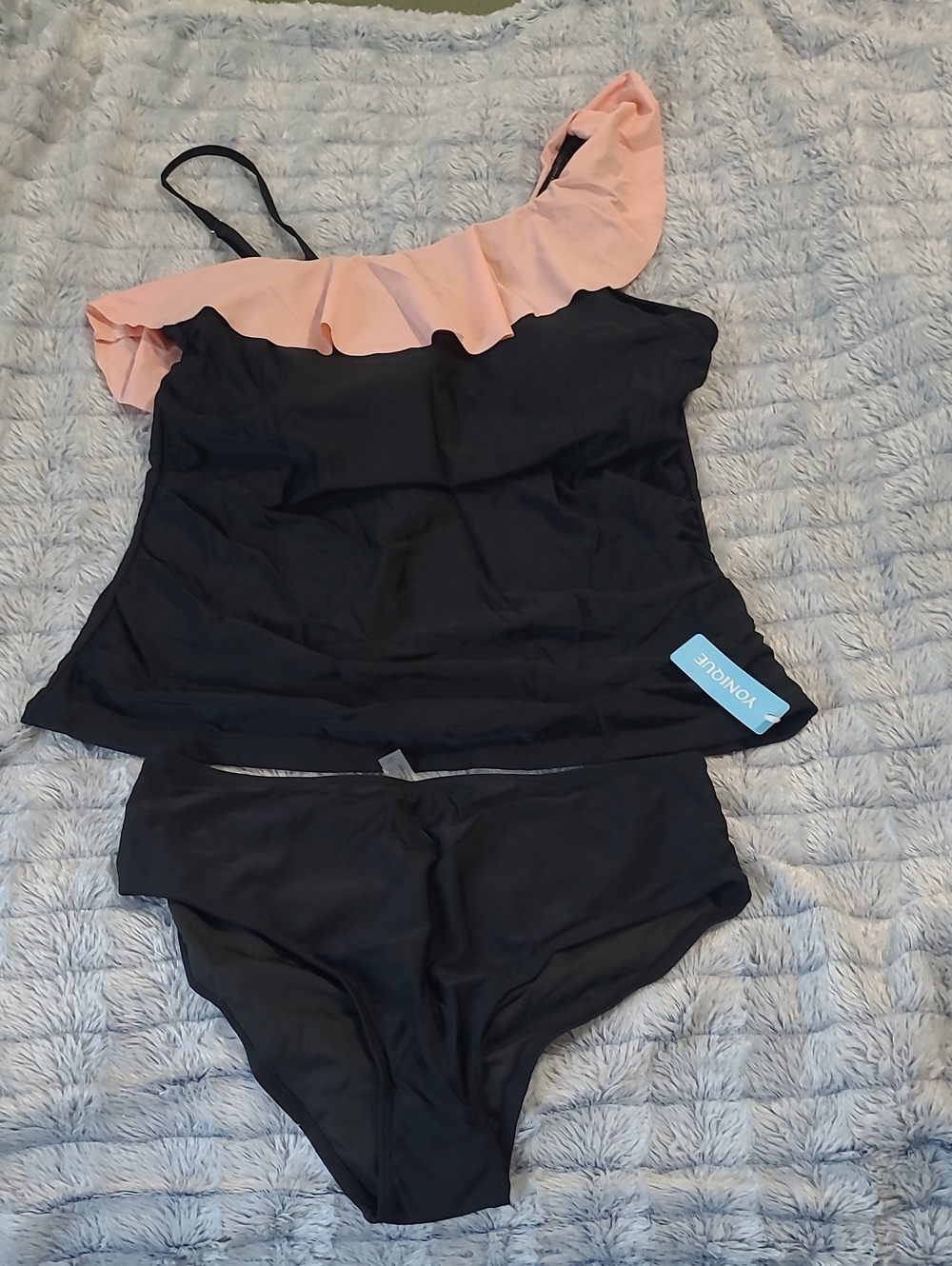 Black One-Shoulder Ruffle Tankini with Pink Accent